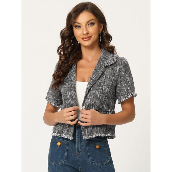 Tweed Shirt with Tassel Cropped Length Short Sleeve Shirt Black - Picture 3 of 5